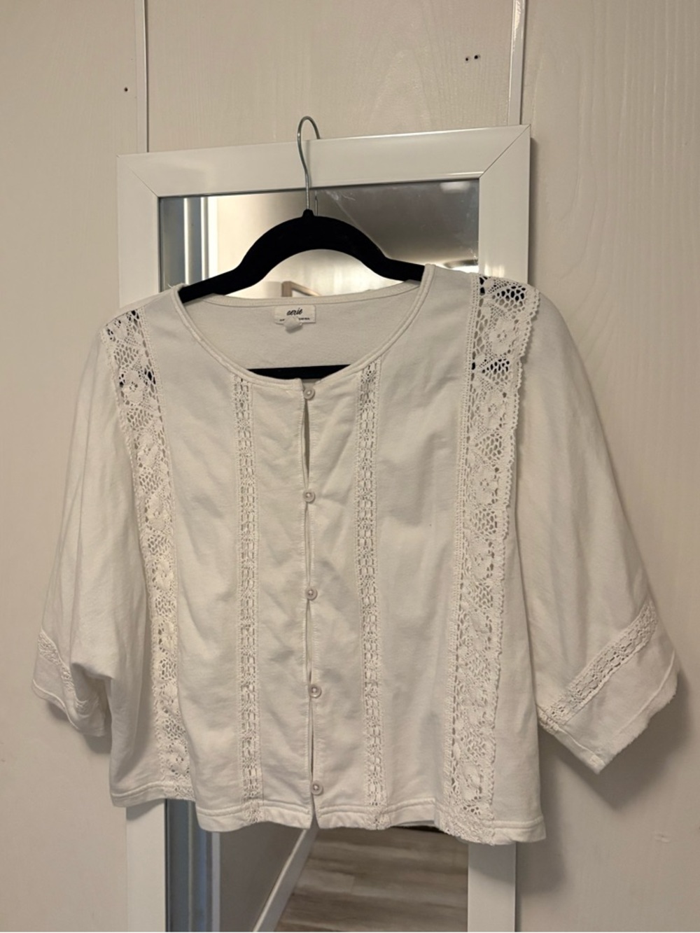 aerie White Lace-Panel Button Front Blouse